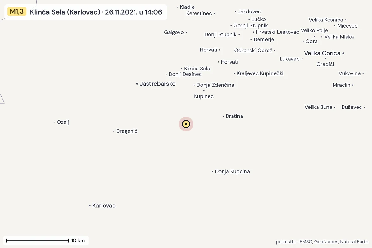 Karta: okolica epicentra, 60 km, potres M1,3, Klinča Sela (Karlovac), 26.11.2021.