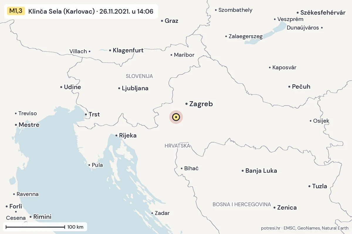 Karta: šire područje, 600 km, potres M1,3, Klinča Sela (Karlovac), 26.11.2021.