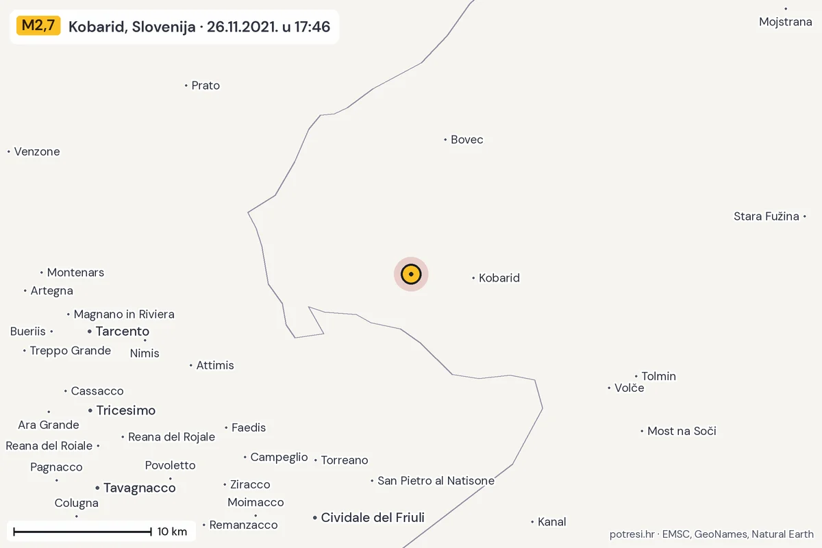 Karta: okolica epicentra, 60 km, potres M2,7, Kobarid, Slovenija, 26.11.2021.