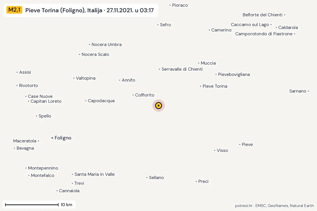 Karta: okolica epicentra, 60 km, potres M2,1, Pieve Torina (Foligno), Italija, 27.11.2021.