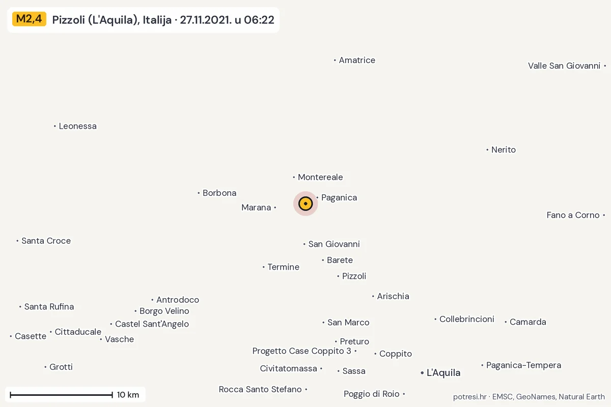 Karta: okolica epicentra, 60 km, potres M2,4, Pizzoli (L'Aquila), Italija, 27.11.2021.
