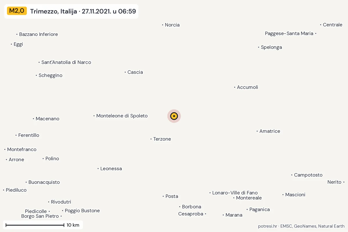 Karta: okolica epicentra, 60 km, potres M2,0, Trimezzo, Italija, 27.11.2021.
