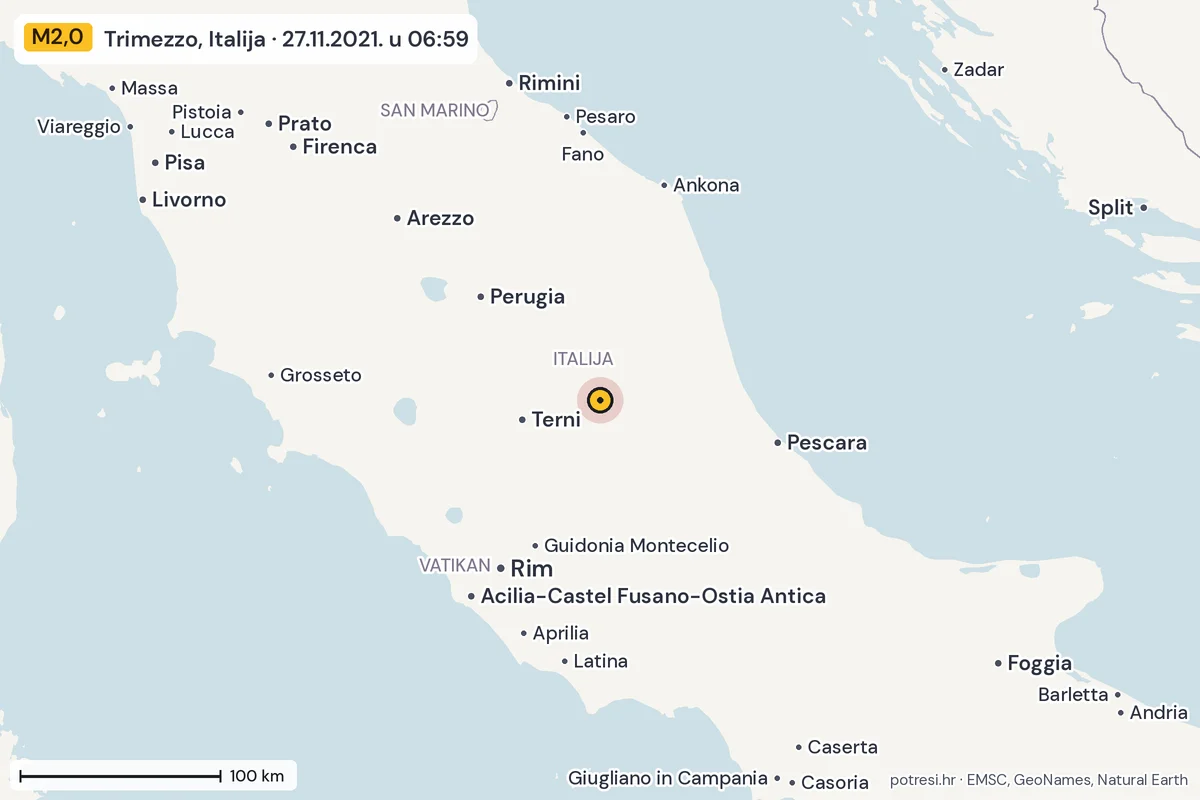 Karta: šire područje, 600 km, potres M2,0, Trimezzo, Italija, 27.11.2021.
