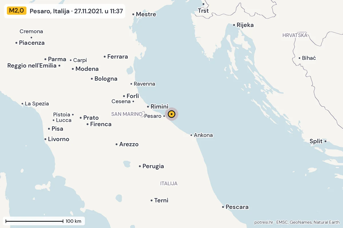 Karta: šire područje, 600 km, potres M2,0, Pesaro, Italija, 27.11.2021.