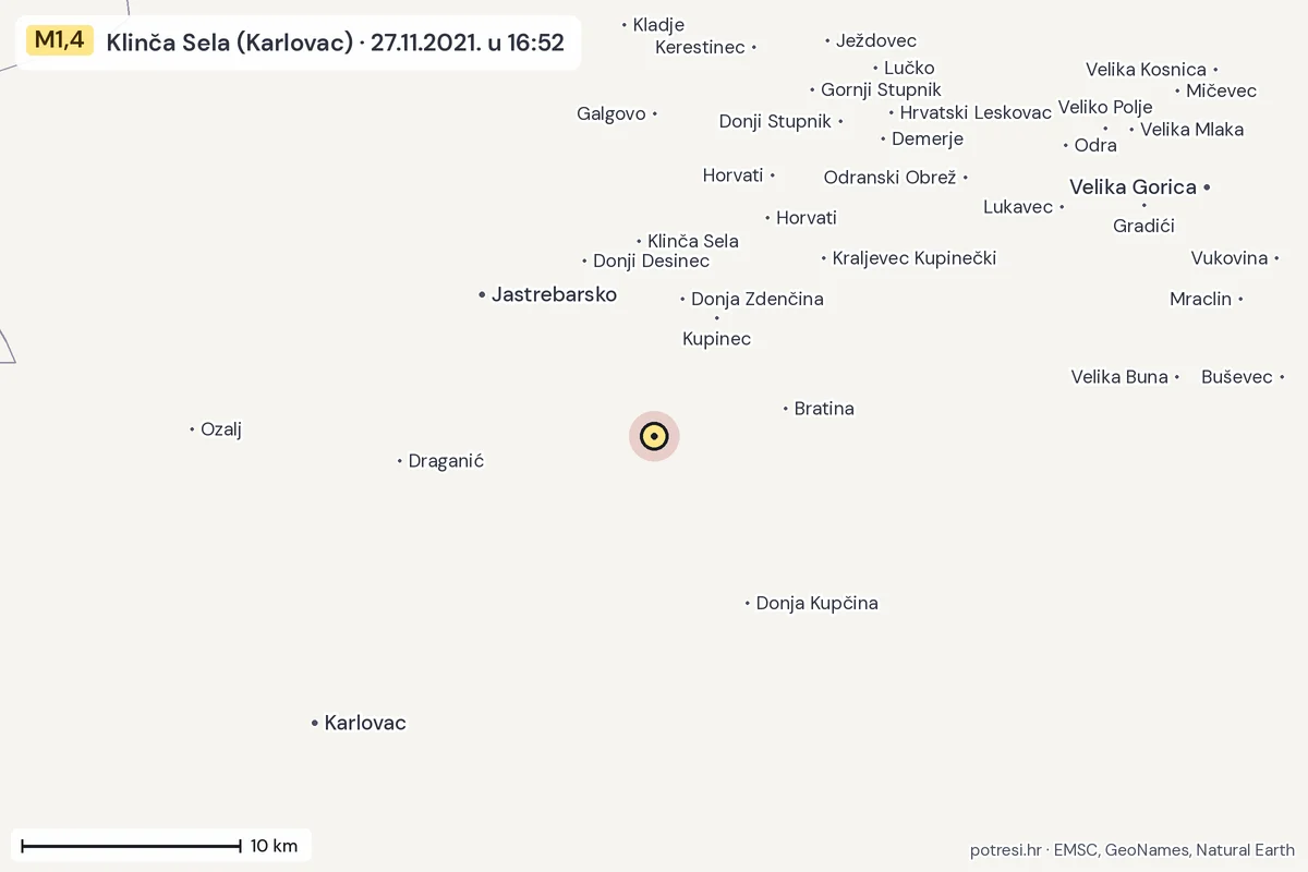Karta: okolica epicentra, 60 km, potres M1,4, Klinča Sela (Karlovac), 27.11.2021.