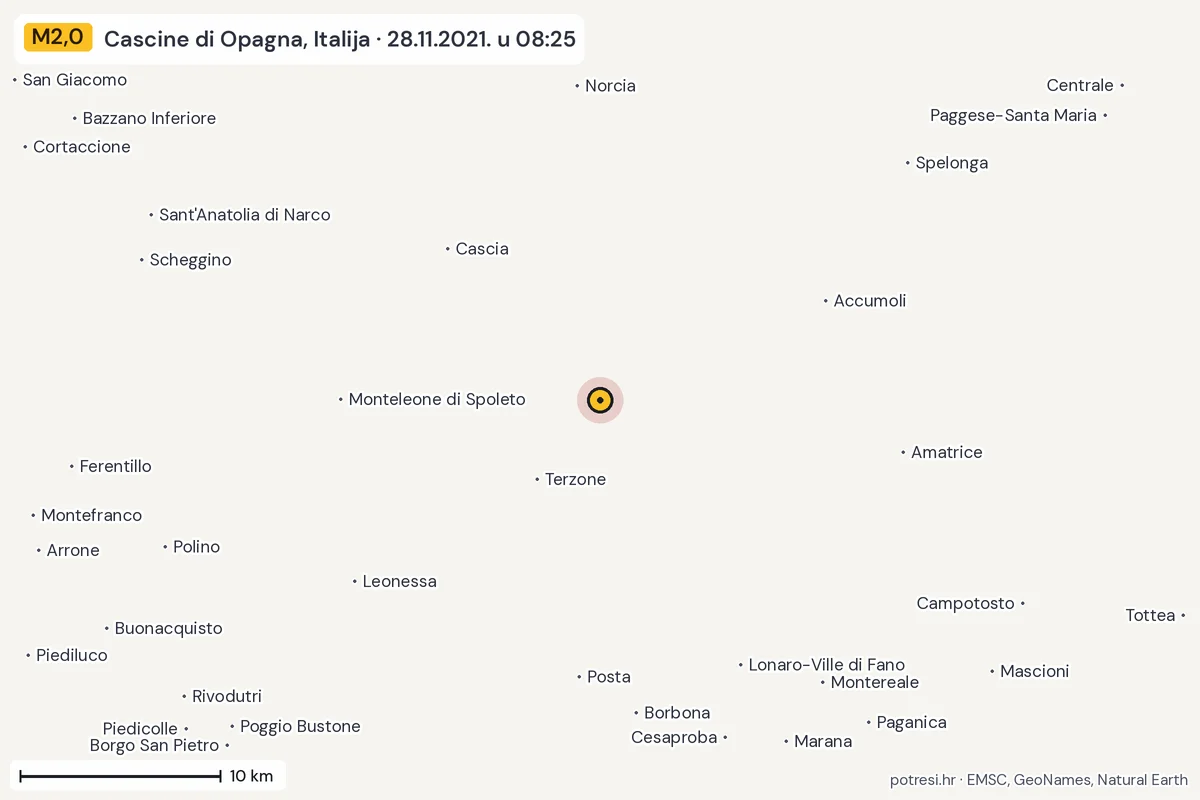 Karta: okolica epicentra, 60 km, potres M2,0, Cascine di Opagna, Italija, 28.11.2021.