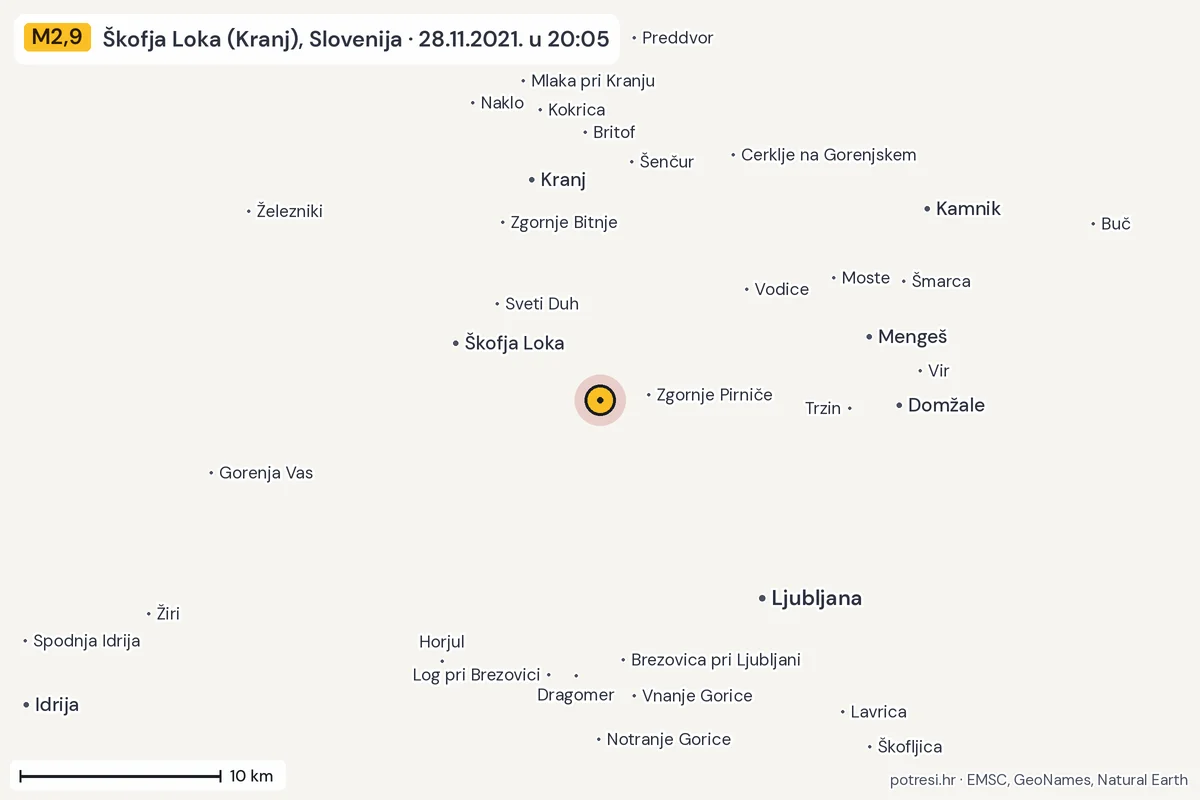 Karta: okolica epicentra, 60 km, potres M2,9, Škofja Loka (Kranj), Slovenija, 28.11.2021.