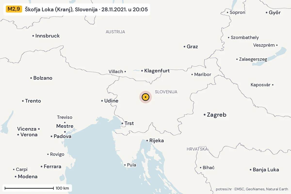 Karta: šire područje, 600 km, potres M2,9, Škofja Loka (Kranj), Slovenija, 28.11.2021.