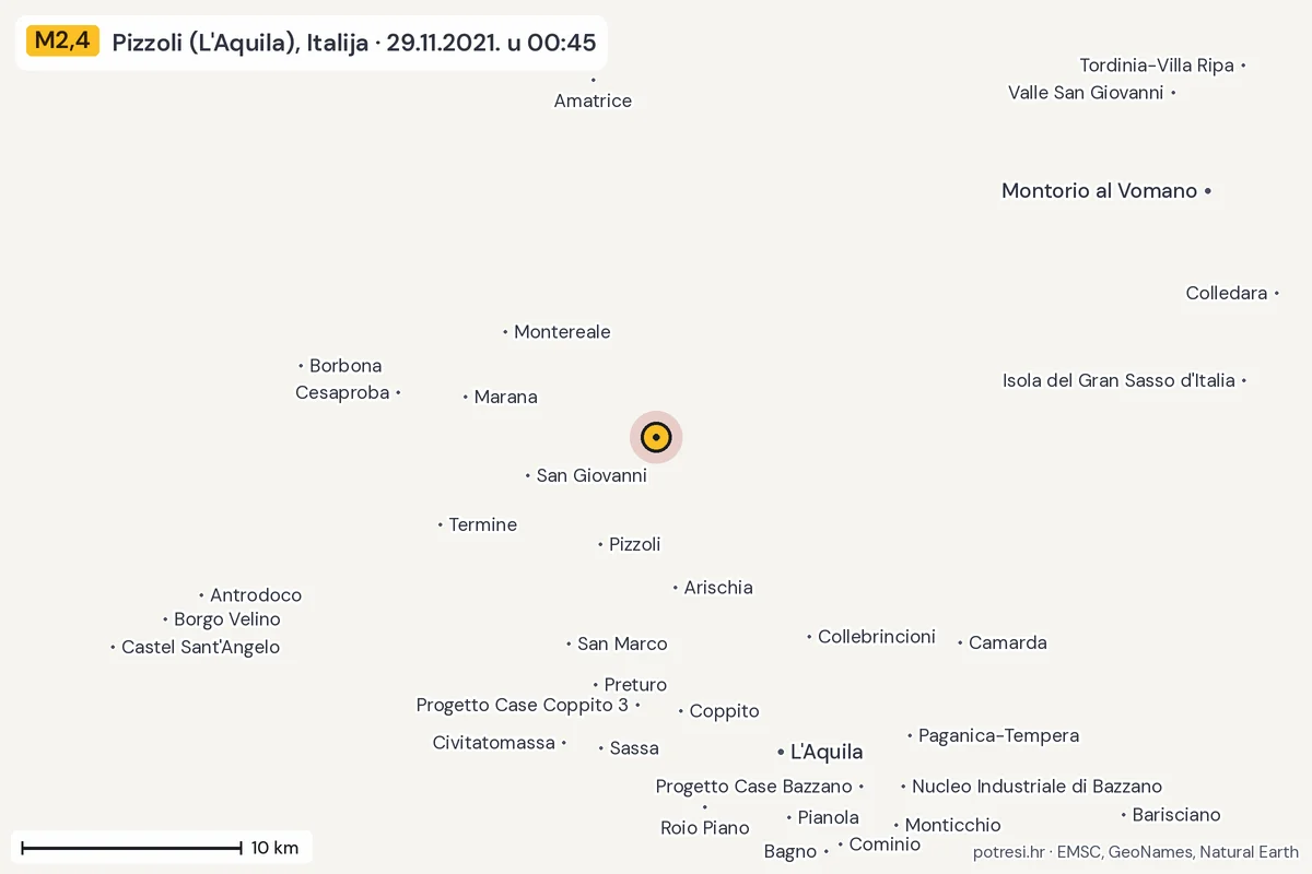 Karta: okolica epicentra, 60 km, potres M2,4, Pizzoli (L'Aquila), Italija, 29.11.2021.