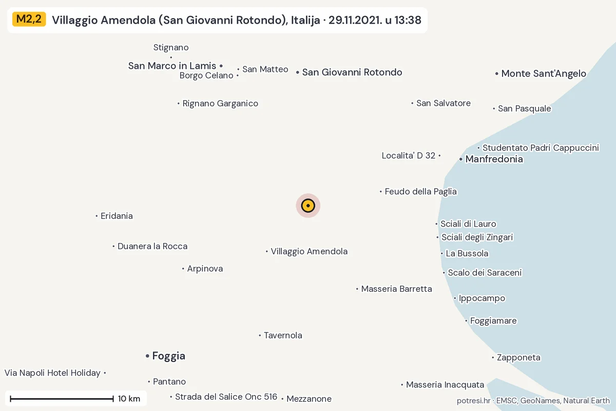 Karta: okolica epicentra, 60 km, potres M2,2, Villaggio Amendola (San Giovanni Rotondo), Italija, 29.11.2021.