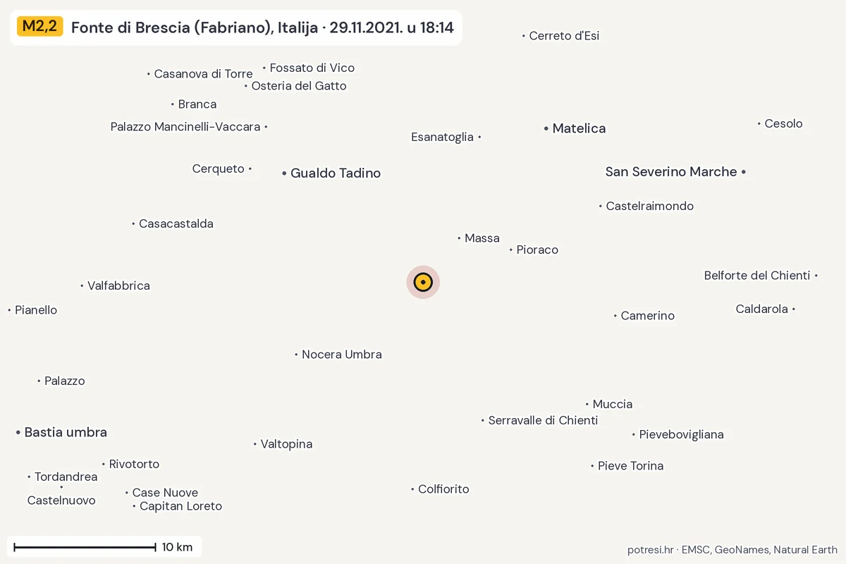 Karta: okolica epicentra, 60 km, potres M2,2, Fonte di Brescia (Fabriano), Italija, 29.11.2021.