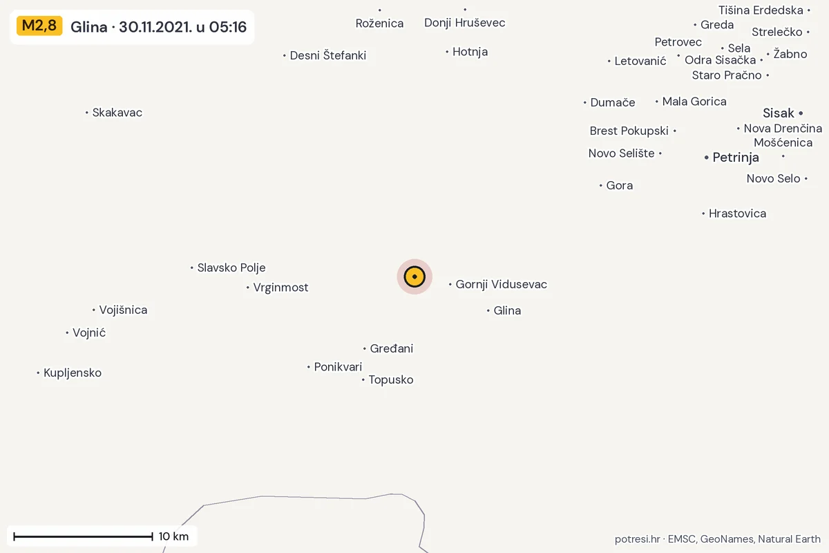 Karta: okolica epicentra, 60 km, potres M2,8, Glina, 30.11.2021.