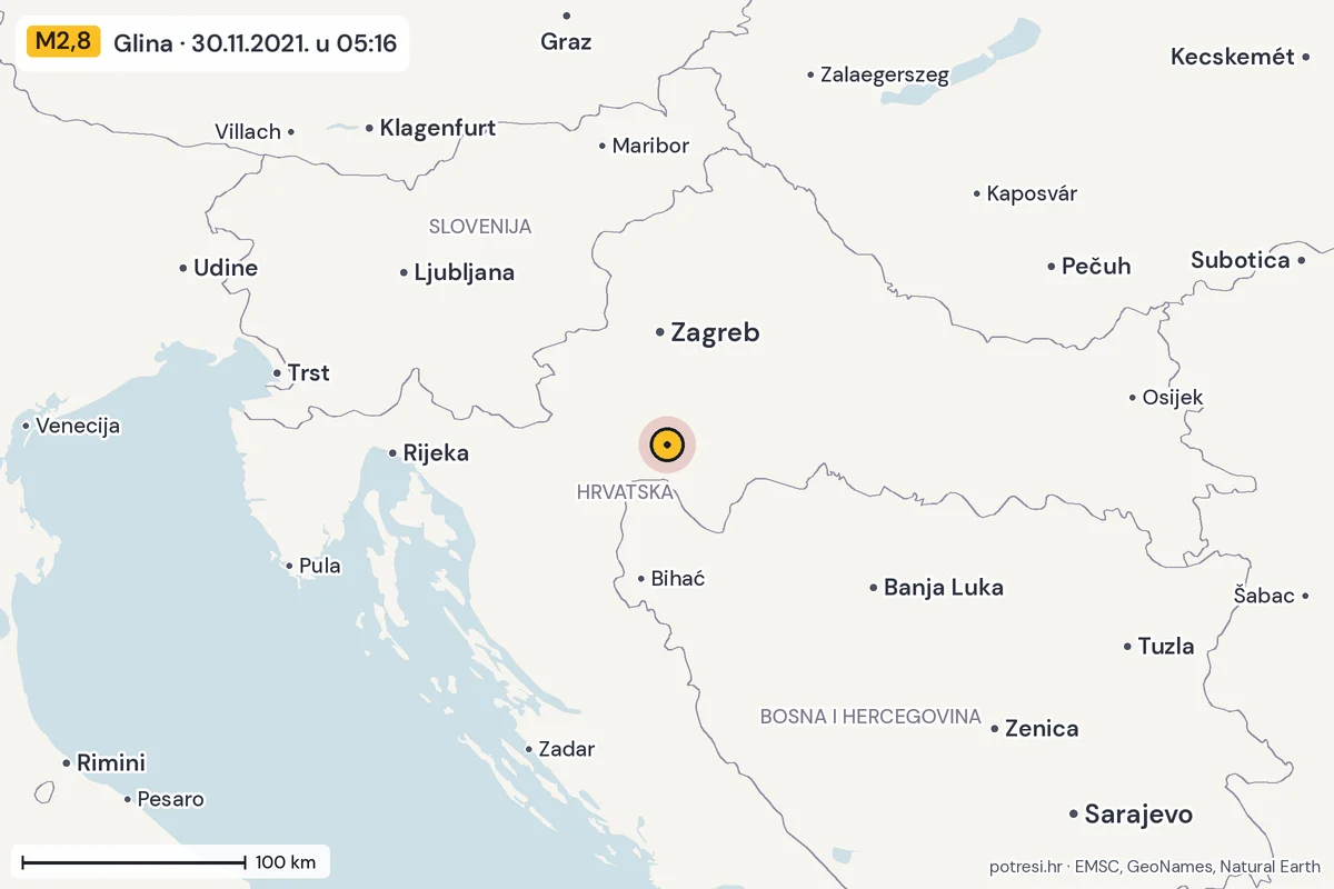 Karta: šire područje, 600 km, potres M2,8, Glina, 30.11.2021.