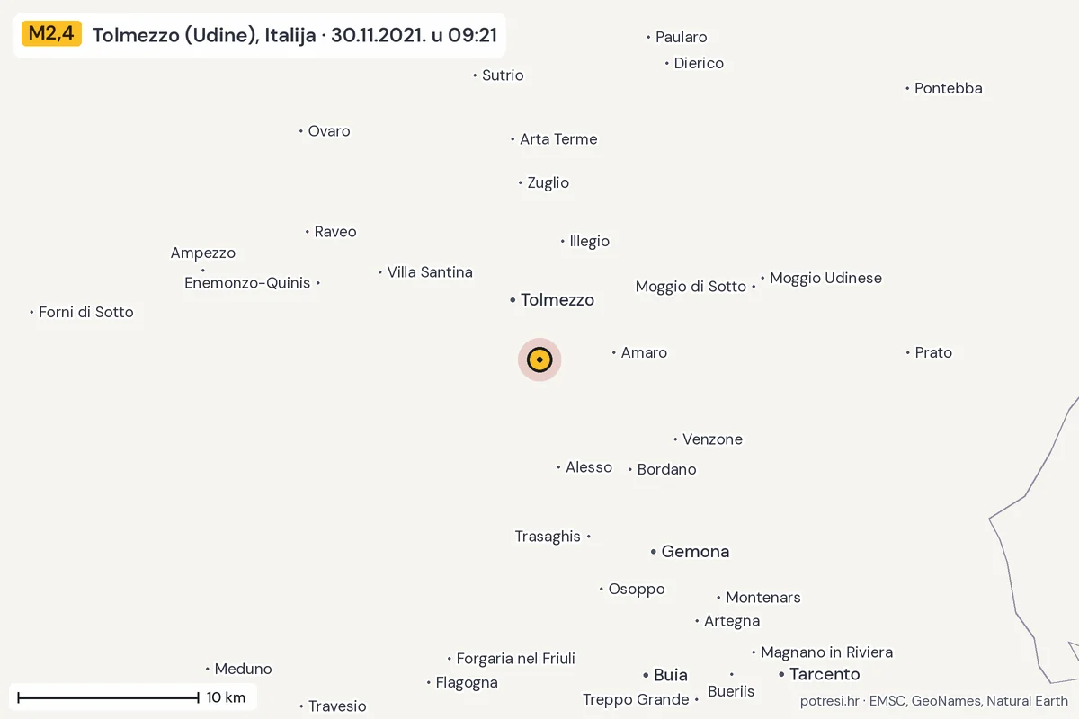 Karta: okolica epicentra, 60 km, potres M2,4, Tolmezzo (Udine), Italija, 30.11.2021.