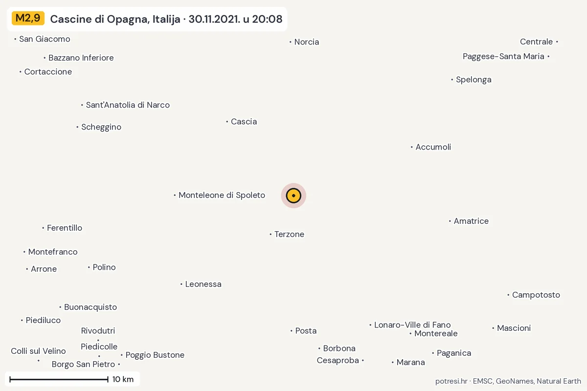 Karta: okolica epicentra, 60 km, potres M2,9, Cascine di Opagna, Italija, 30.11.2021.