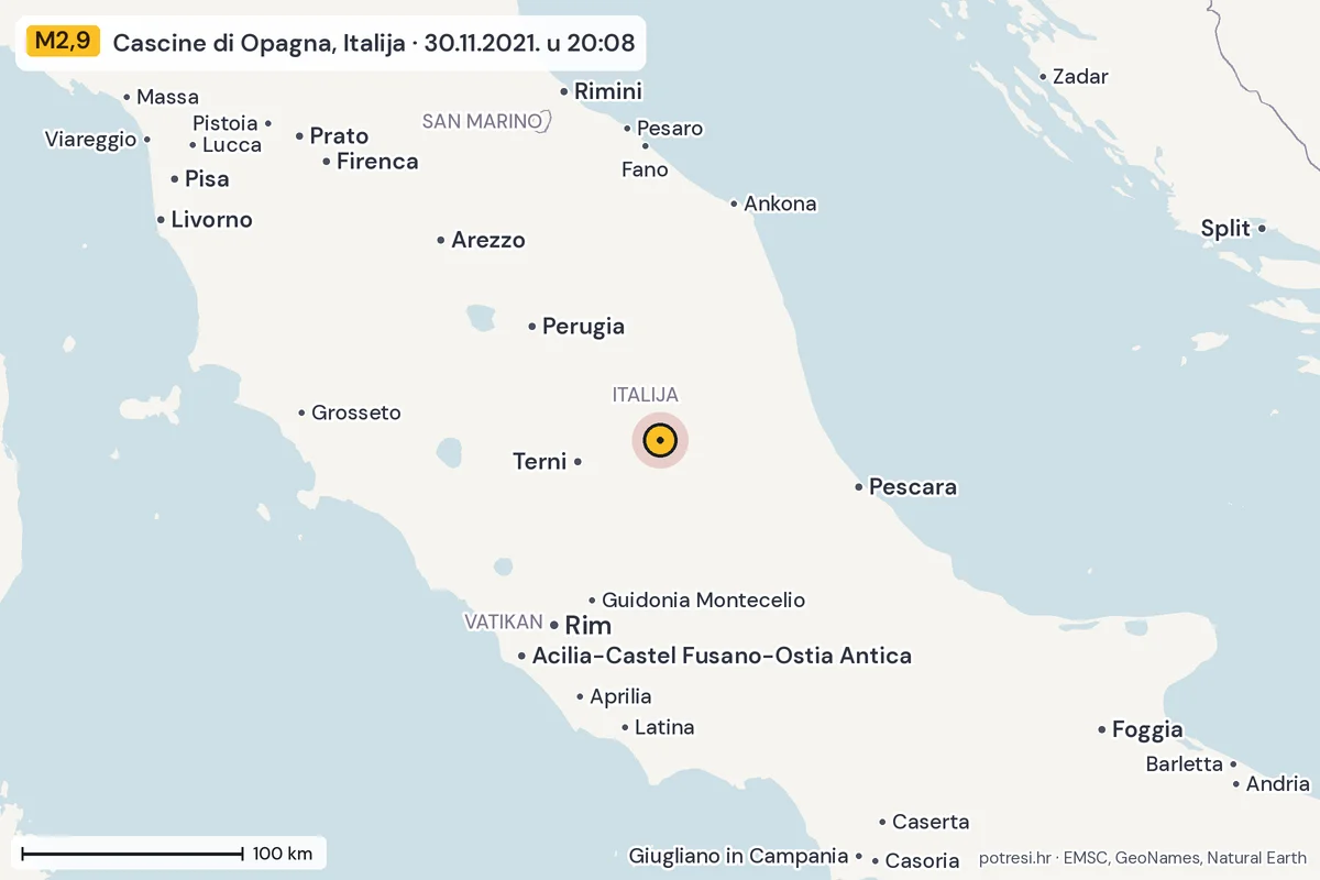 Karta: šire područje, 600 km, potres M2,9, Cascine di Opagna, Italija, 30.11.2021.