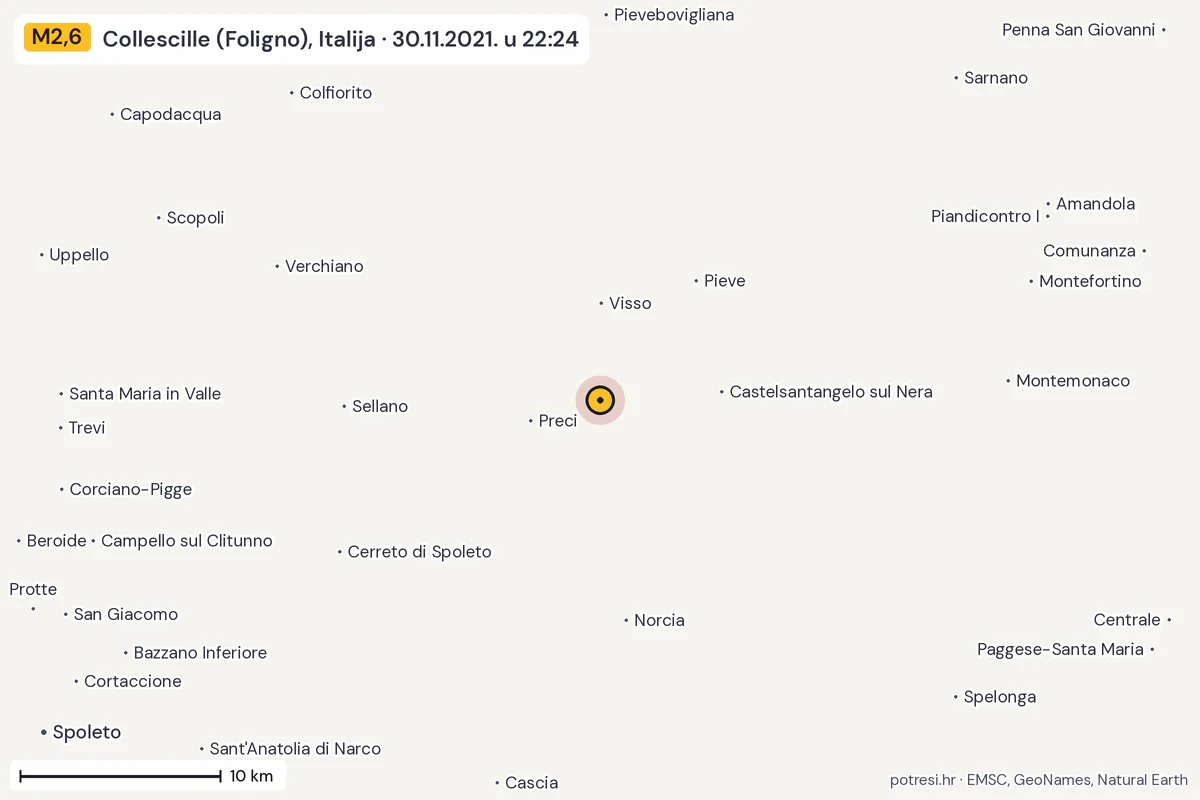 Karta: okolica epicentra, 60 km, potres M2,6, Collescille (Foligno), Italija, 30.11.2021.