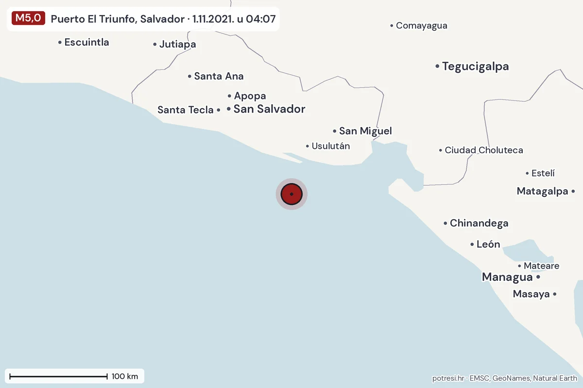 Karta: šire područje, 600 km, potres M5,0, Puerto El Triunfo, Salvador, 1.11.2021.