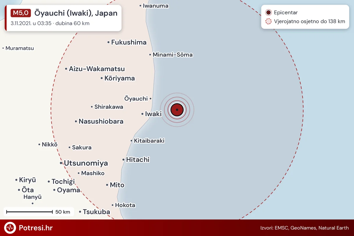 Karta: šire područje i vjerojatni doseg osjeta, potres M5,0, Ōyauchi (Iwaki), Japan, 3.11.2021.