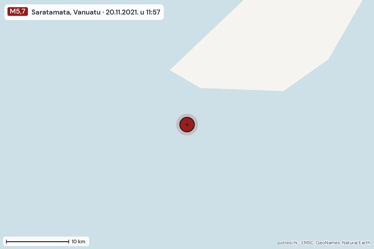 Karta: okolica epicentra, 60 km, potres M5,7, Saratamata, Vanuatu, 20.11.2021.