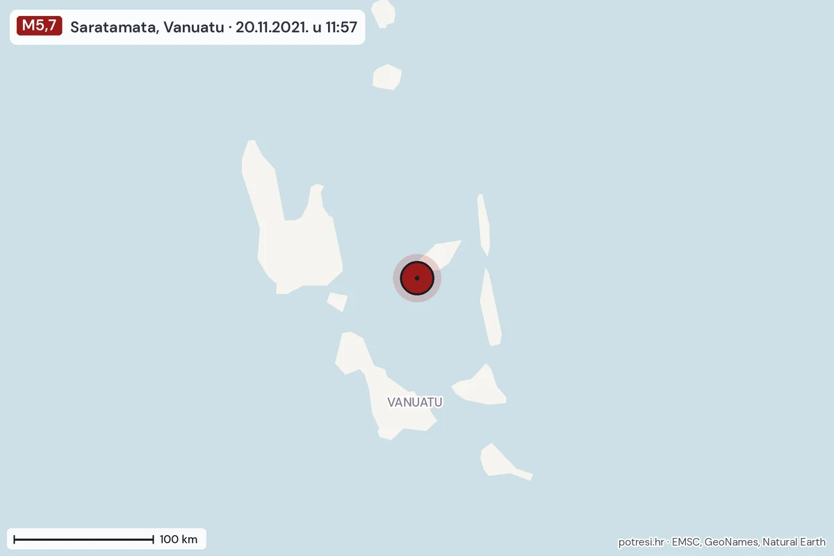 Karta: šire područje, 600 km, potres M5,7, Saratamata, Vanuatu, 20.11.2021.
