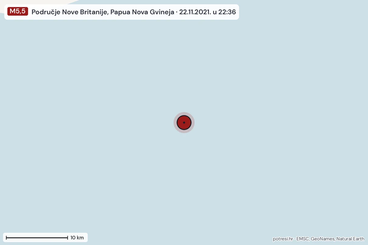 Karta: okolica epicentra, 60 km, potres M5,5, Područje Nove Britanije, Papua Nova Gvineja, 22.11.2021.