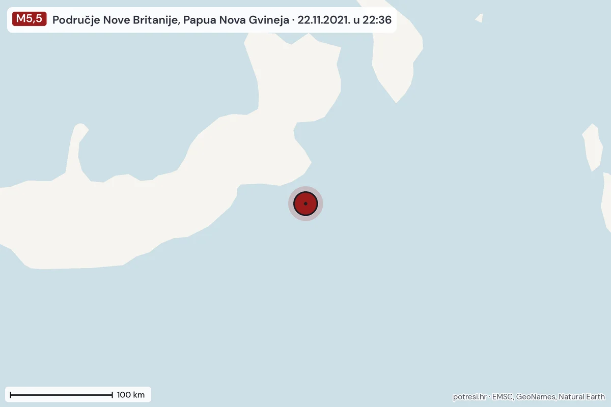 Karta: šire područje, 600 km, potres M5,5, Područje Nove Britanije, Papua Nova Gvineja, 22.11.2021.
