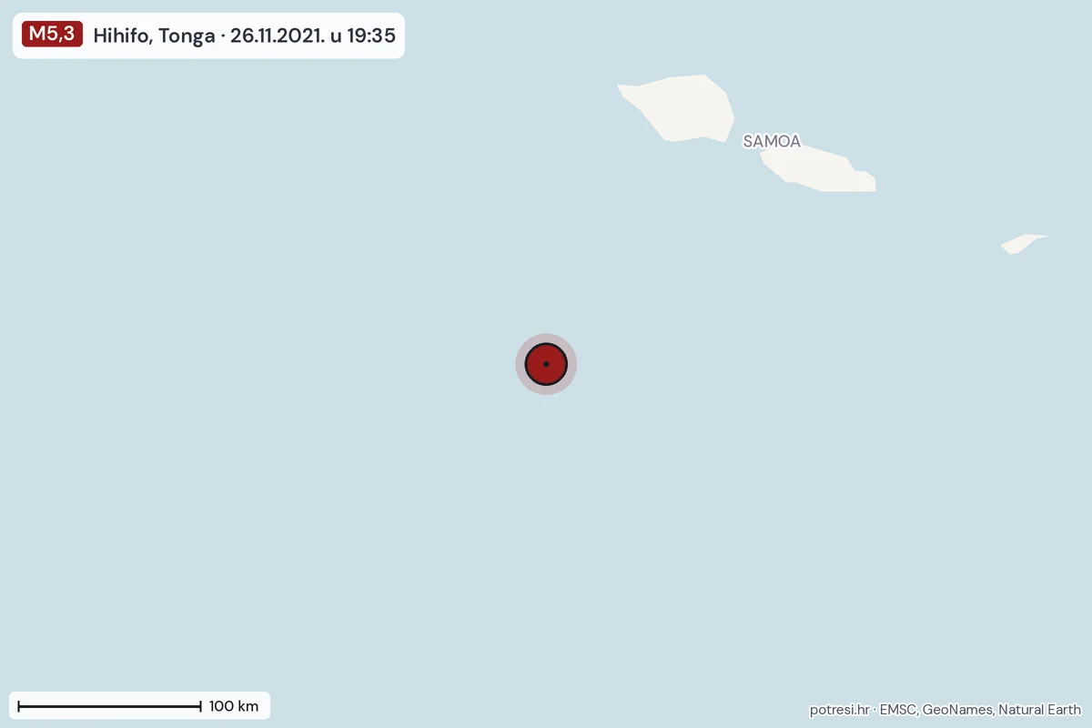 Karta: šire područje, 600 km, potres M5,3, Hihifo, Tonga, 26.11.2021.