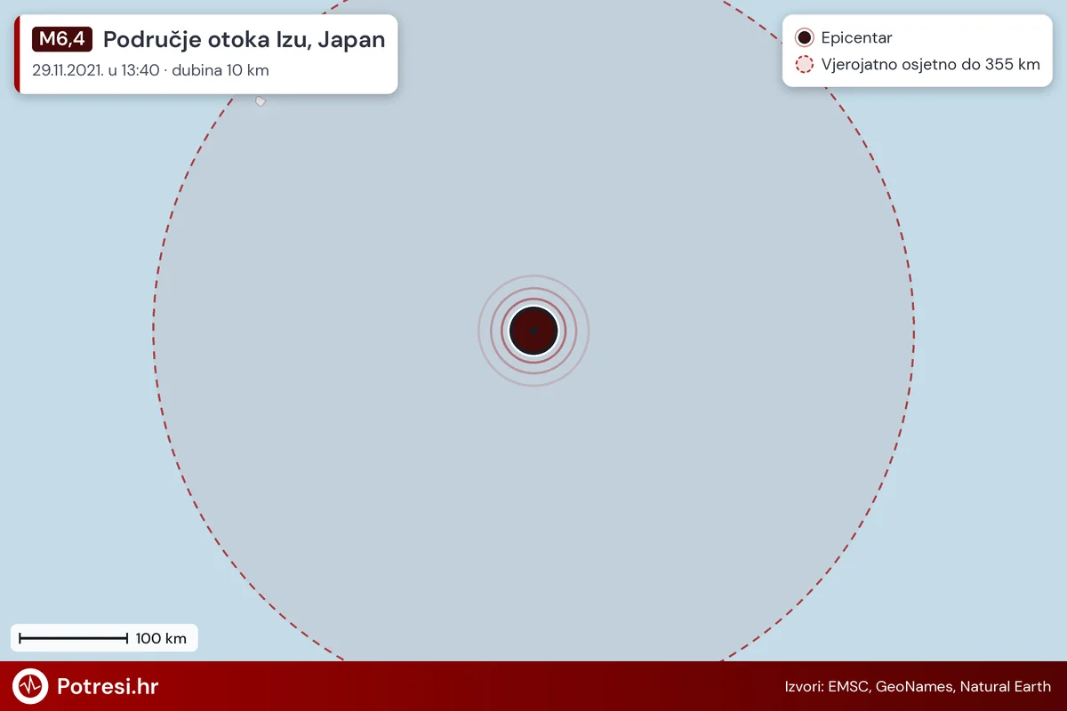 Karta: šire područje i vjerojatni doseg osjeta, potres M6,4, Područje otoka Izu, Japan, 29.11.2021.