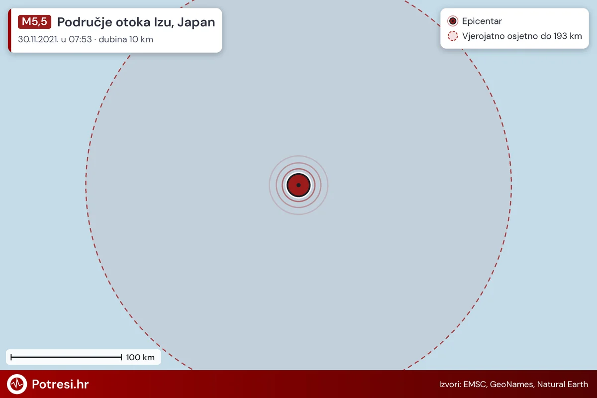 Karta: šire područje i vjerojatni doseg osjeta, potres M5,5, Područje otoka Izu, Japan, 30.11.2021.