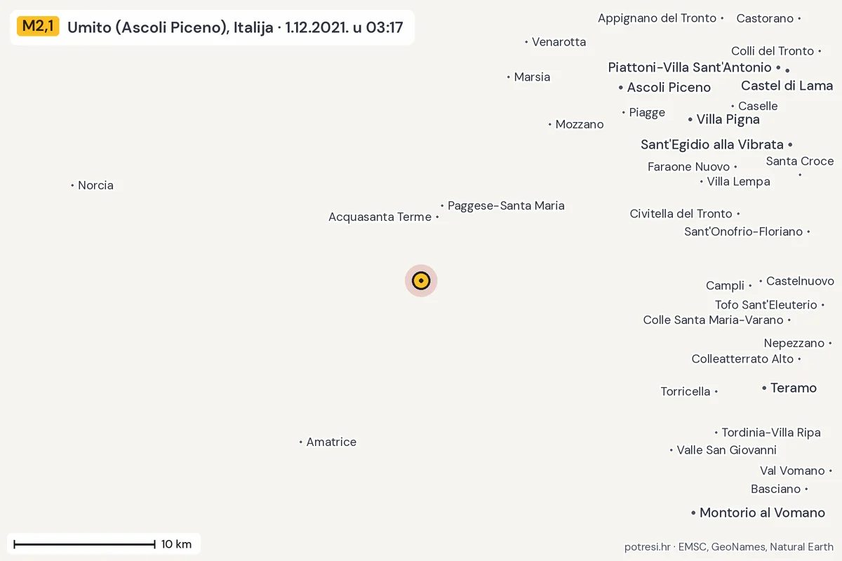 Karta: okolica epicentra, 60 km, potres M2,1, Umito (Ascoli Piceno), Italija, 1.12.2021.