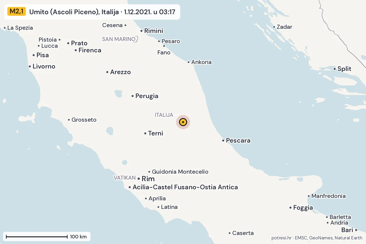 Karta: šire područje, 600 km, potres M2,1, Umito (Ascoli Piceno), Italija, 1.12.2021.