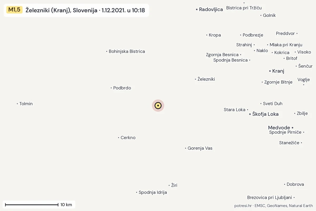 Karta: okolica epicentra, 60 km, potres M1,5, Železniki (Kranj), Slovenija, 1.12.2021.