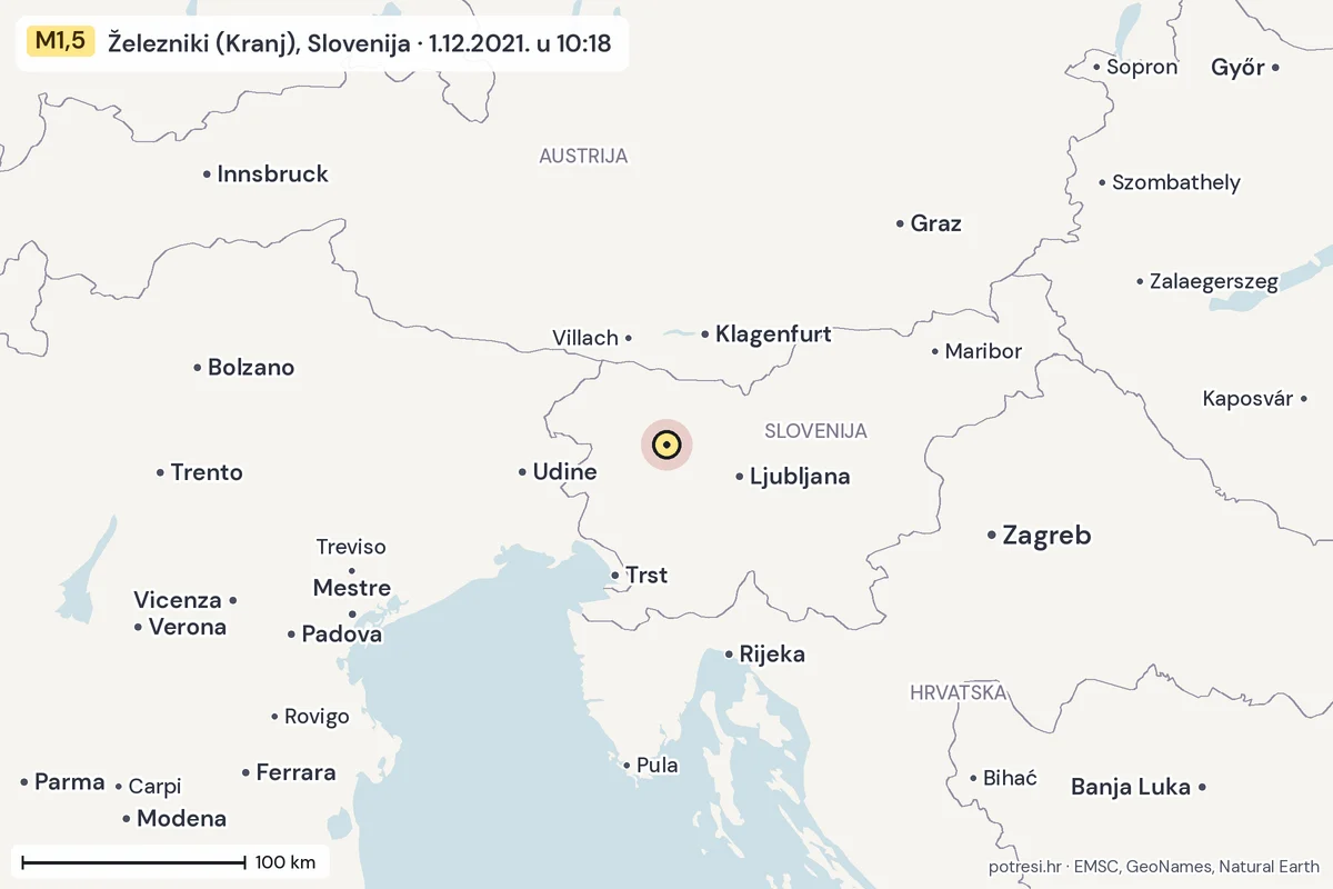 Karta: šire područje, 600 km, potres M1,5, Železniki (Kranj), Slovenija, 1.12.2021.