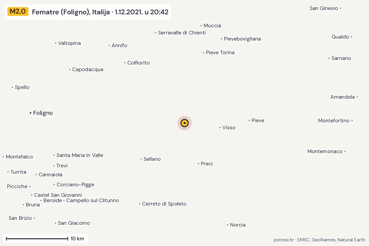 Karta: okolica epicentra, 60 km, potres M2,0, Fematre (Foligno), Italija, 1.12.2021.