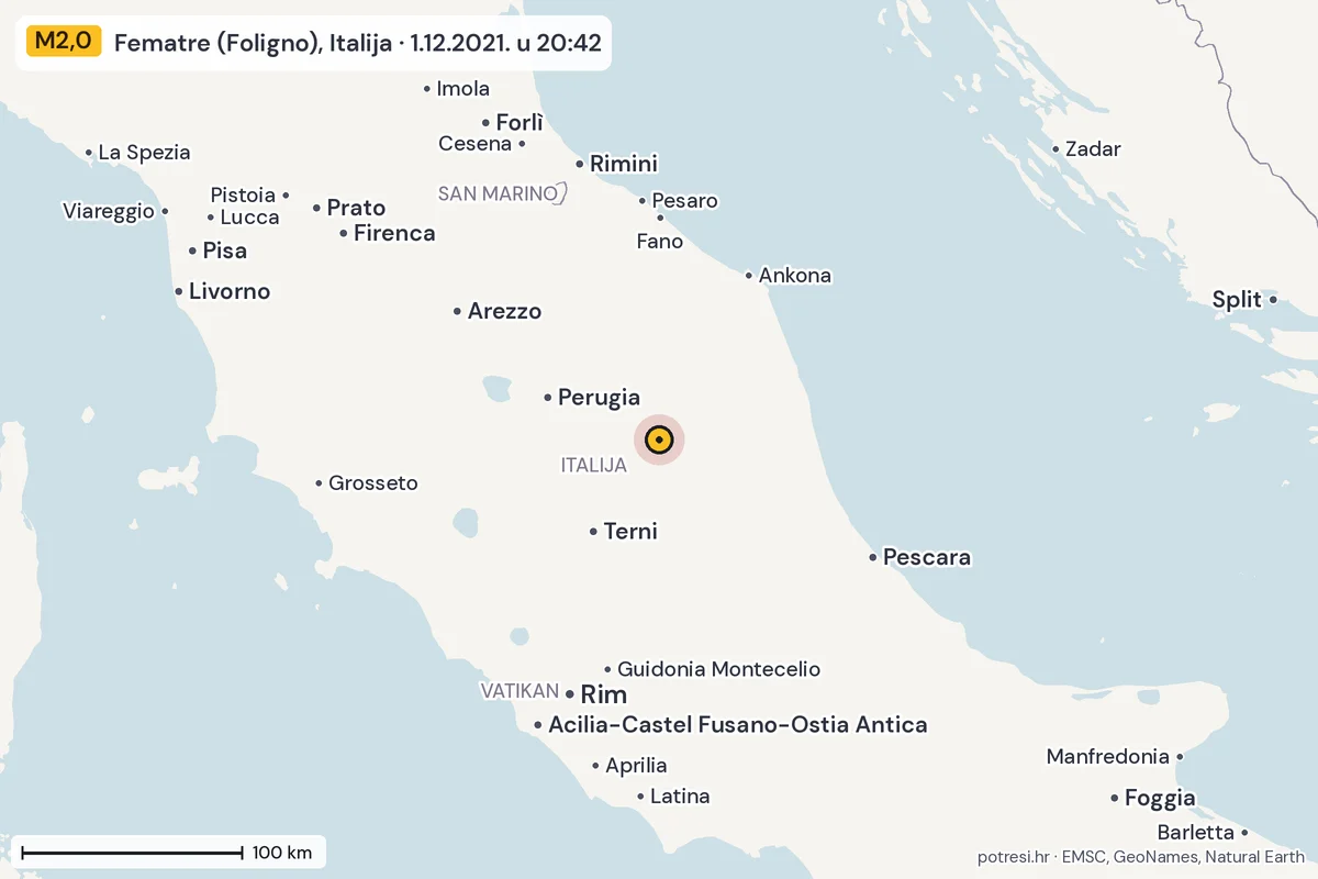 Karta: šire područje, 600 km, potres M2,0, Fematre (Foligno), Italija, 1.12.2021.