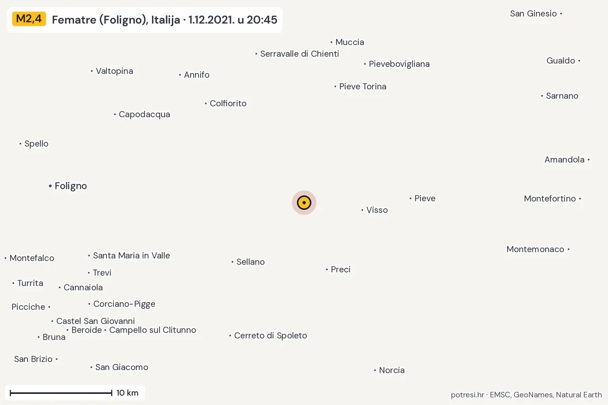 Karta: okolica epicentra, 60 km, potres M2,4, Fematre (Foligno), Italija, 1.12.2021.