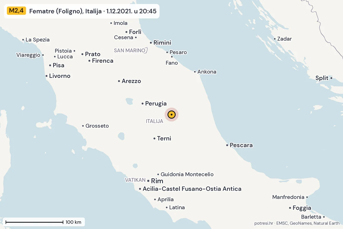 Karta: šire područje, 600 km, potres M2,4, Fematre (Foligno), Italija, 1.12.2021.