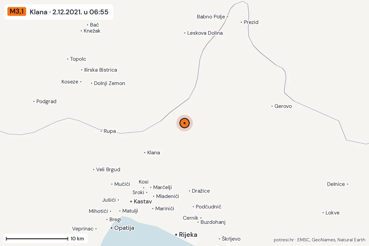 Karta: okolica epicentra, 60 km, potres M3,1, Klana, 2.12.2021.