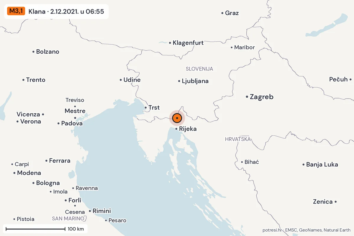 Karta: šire područje, 600 km, potres M3,1, Klana, 2.12.2021.