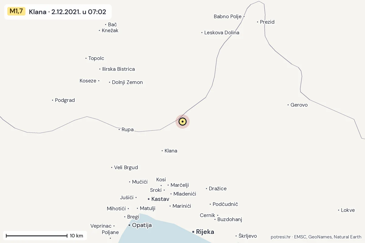 Karta: okolica epicentra, 60 km, potres M1,7, Klana, 2.12.2021.