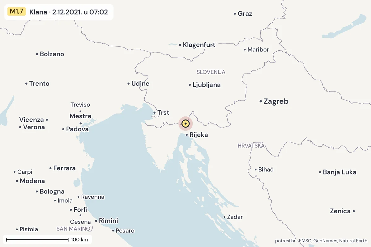 Karta: šire područje, 600 km, potres M1,7, Klana, 2.12.2021.