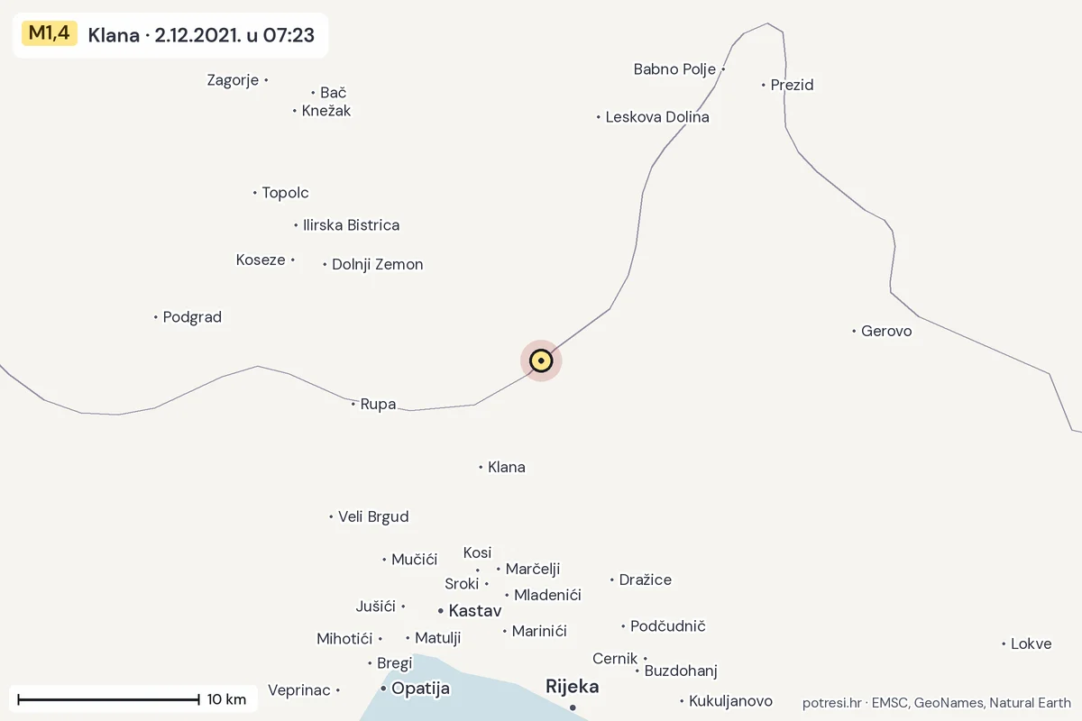 Karta: okolica epicentra, 60 km, potres M1,4, Klana, 2.12.2021.