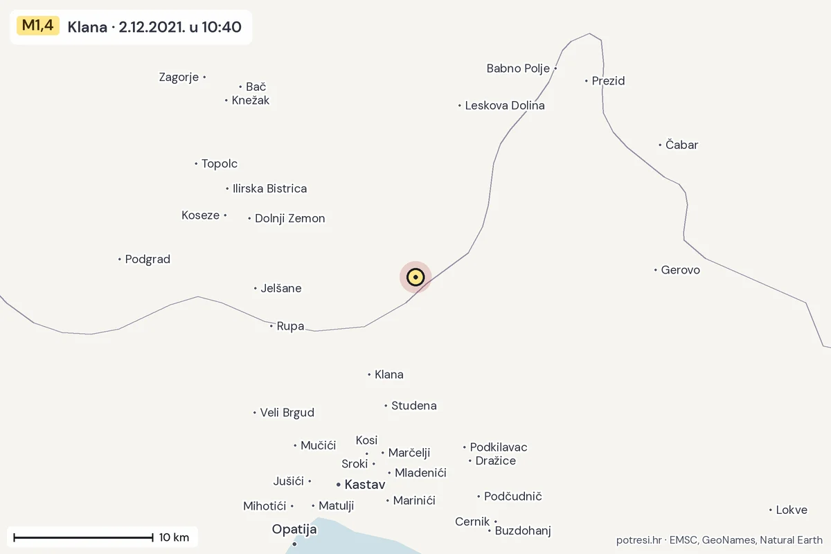 Karta: okolica epicentra, 60 km, potres M1,4, Klana, 2.12.2021.