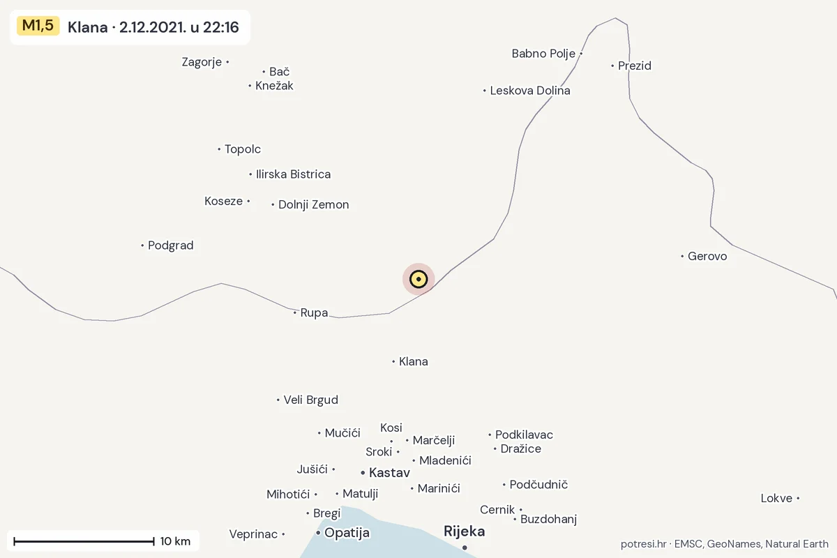 Karta: okolica epicentra, 60 km, potres M1,5, Klana, 2.12.2021.