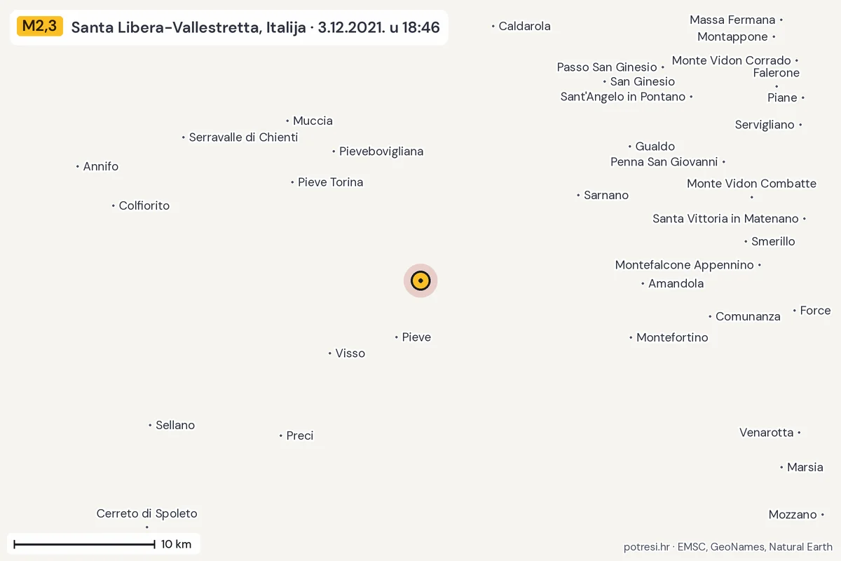 Karta: okolica epicentra, 60 km, potres M2,3, Santa Libera-Vallestretta, Italija, 3.12.2021.