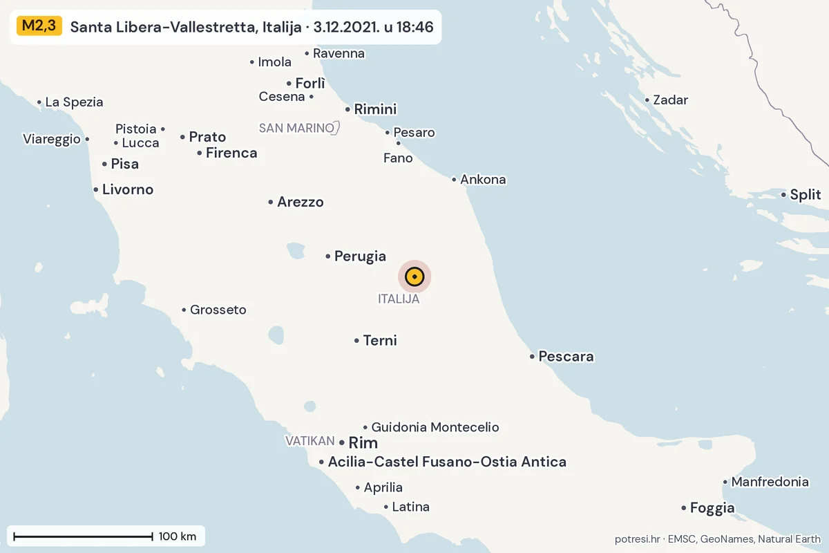 Karta: šire područje, 600 km, potres M2,3, Santa Libera-Vallestretta, Italija, 3.12.2021.
