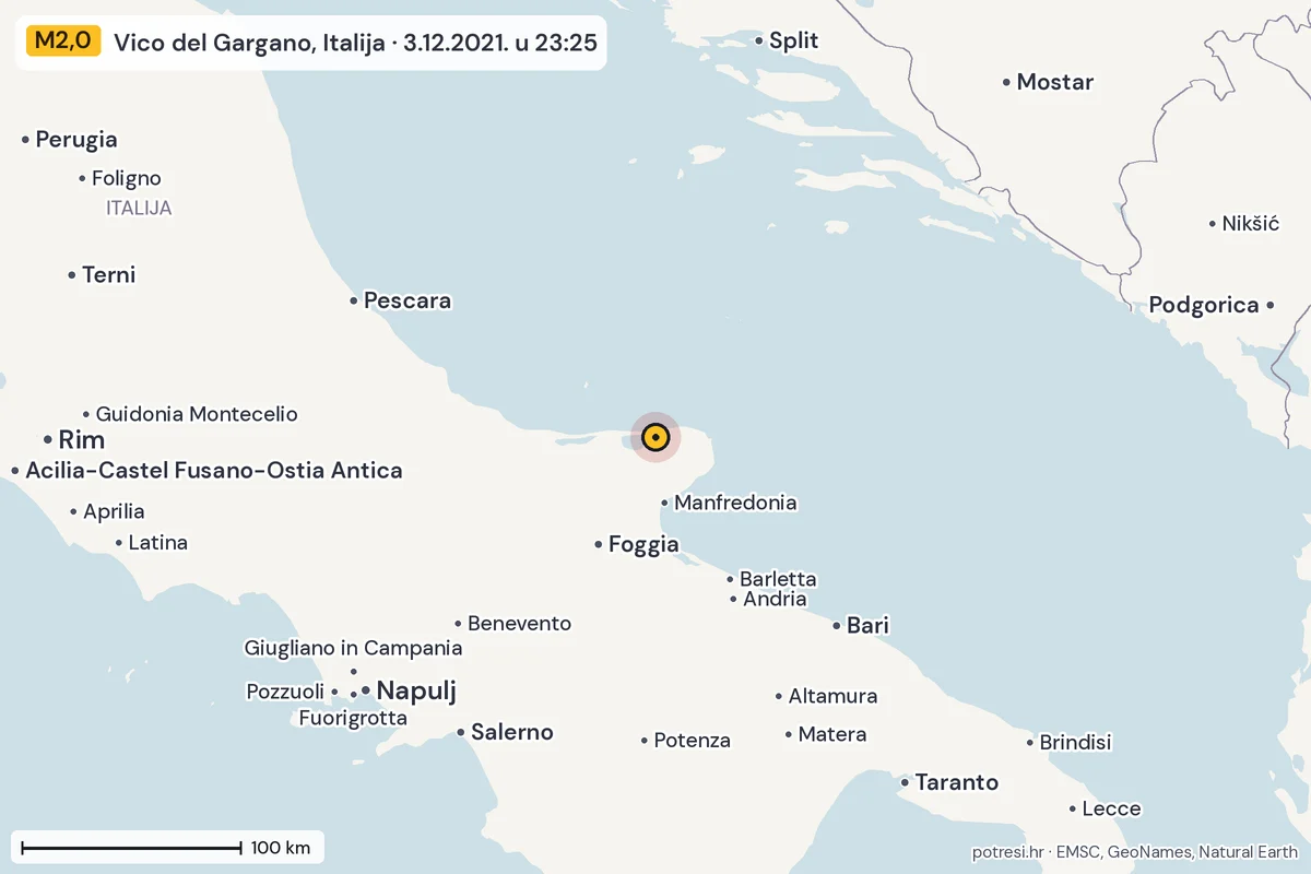 Karta: šire područje, 600 km, potres M2,0, Vico del Gargano, Italija, 3.12.2021.