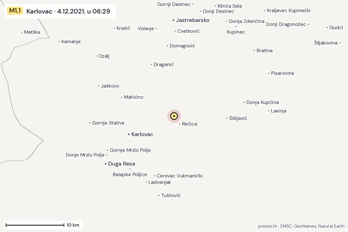 Karta: okolica epicentra, 60 km, potres M1,1, Karlovac, 4.12.2021.