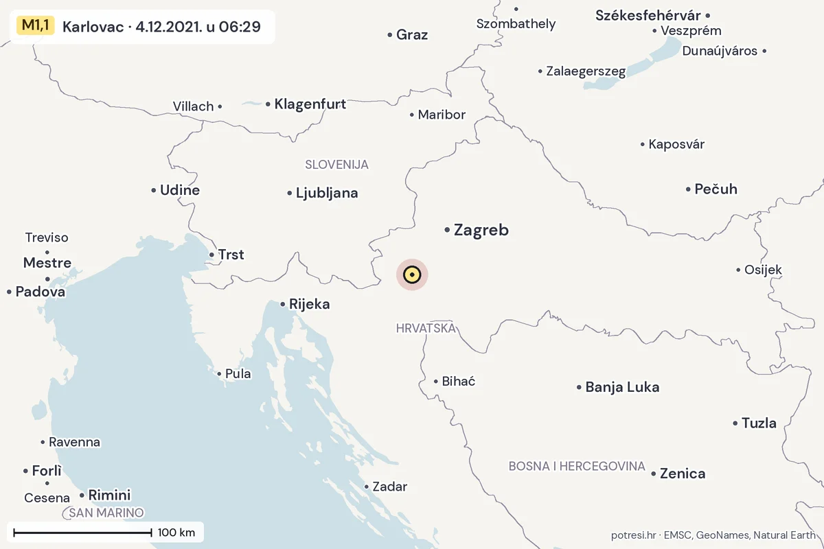 Karta: šire područje, 600 km, potres M1,1, Karlovac, 4.12.2021.